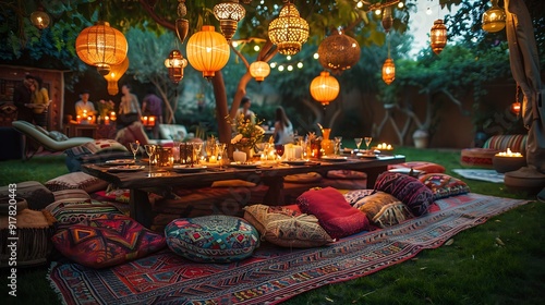 A cozy bohemian-themed dinner party, low table surrounded by vibrant cushions, hanging lanterns casting a warm and inviting glow, guests enjoying an evening with friends,