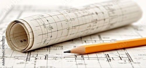 A rolled up blueprint with a pencil lying next to it, indicating a planning or architectural design process.