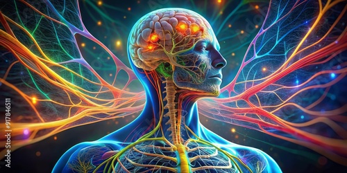 Vibrant illustration of the human central nervous system, showcasing the brain, spinal cord, and nerve networks in intricate detail, with colorful synapses and neural pathways.