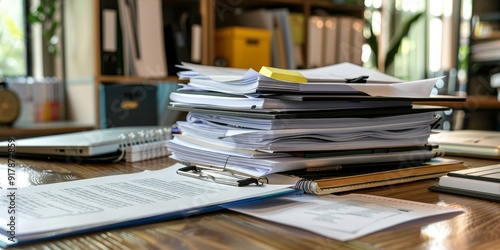 A professional workspace with policy documents and manuals neatly arranged on a desk, showcasing organized paperwork and clear instructions for business operations