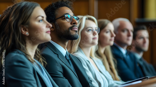 Group of jurors sitting together in jury box during trial