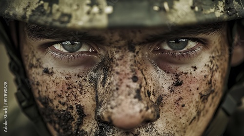 A close-up of a soldier's face, covered in dirt and sweat, eyes focused ahead