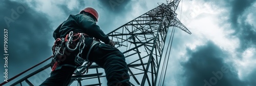 Electrician Climbing Power Tower for Maintenance - A determined electrician ascends a high-voltage power tower, representing the vital role of skilled professionals in maintaining power infrastructure