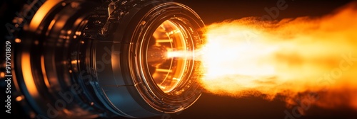 Futuristic Jet Engine with Blazing Fire - A close-up of a futuristic jet engine, with fire and smoke emanating from the nozzle. Symbolizing power, speed, innovation, technology, and progress.