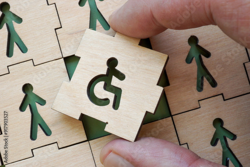 Hand holding puzzle piece with disability symbol. Concept of inclusion in work and society.