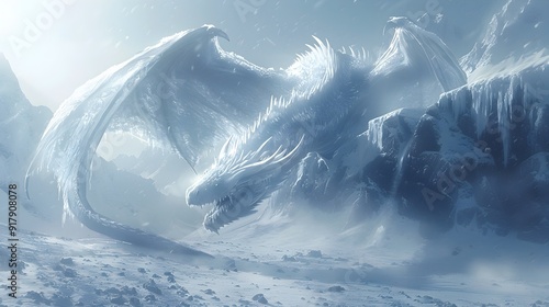 Majestic Ice Dragon Soaring Over Frozen Landscape Breath Creating Intricate Patterns