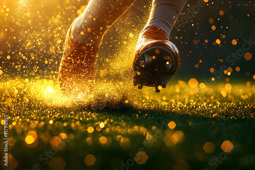 A close-up of a soccer player sprinting, kicking up golden dust on the field at sunset, showcasing dynamic movement and energy.