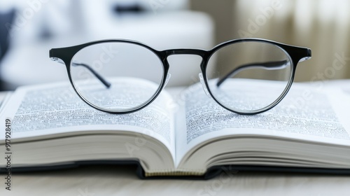 Close-up of reading glasses on open book