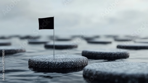 This abstract image features a black flag atop a floating island in a misty expanse, representing concepts of isolation, perseverance, and unknown challenges in a grayscale palette.