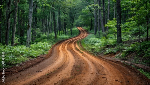 Winding dirt road leading through lush green forest