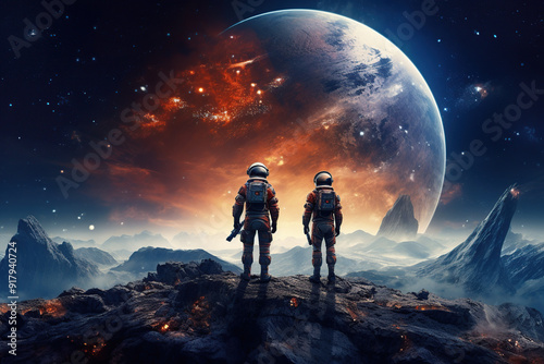 Two Astronauts on Alien Planet, View of Vast Cosmos