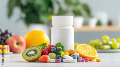 Detailed view of a multivitamin bottle with focus on immune health, clean and bright