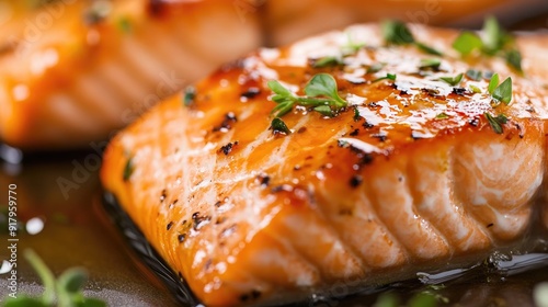 Close-up of a perfectly cooked piece of salmon with a honey glaze and fresh herbs.