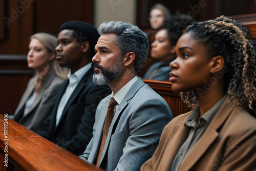 Group of jurors sitting together in jury box during trial