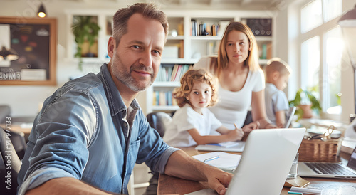 Father working with family in home office