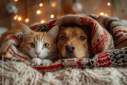 A heartwarming scene of an adorable dog and cat cuddled together under a cozy blanket in a festive room decorated for Christmas. The twinkling lights and holiday decorations create a warm, cheerful at