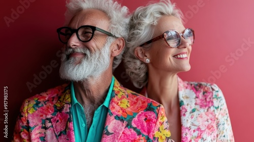 A vibrant image showcasing an elderly couple dressed in eye-catching, colorful floral attire, standing against a striking red background, exuding charisma and individuality.