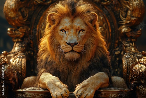 majestic lion with regal golden mane seated on ornate throne rich jeweltoned backdrop dramatic chiaroscuro lighting emphasizing power and nobility