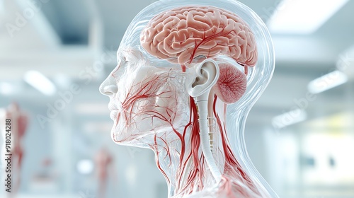 Detailed anatomical illustration of a human head, showcasing brain and vascular structure in a medical environment.