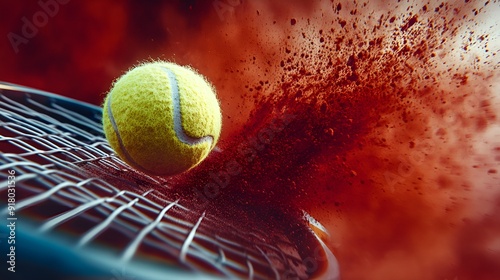 Yellow tennis ball strikes racket in a burst of red powder, capturing dynamic motion and textures in cinematic contrast.