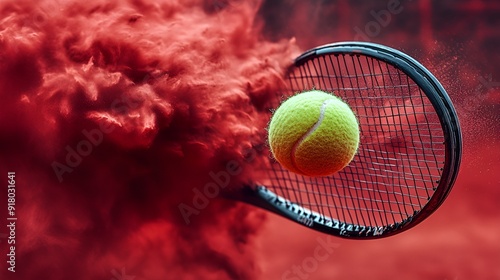 Yellow tennis ball strikes racket in a burst of red powder, capturing dynamic motion and textures in cinematic contrast.