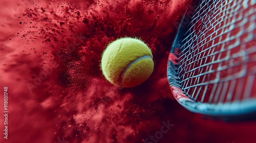 Yellow tennis ball strikes racket in a burst of red powder, capturing dynamic motion and textures in cinematic contrast.