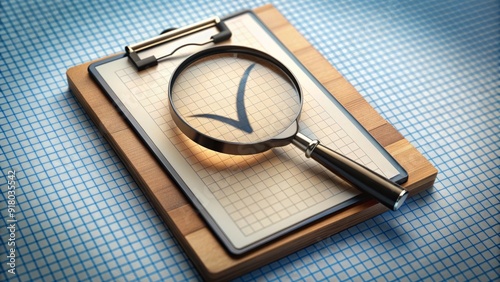 A magnifying glass icon over a checkbox on a clipboard, symbolizing thorough examination and approval, with a subtle grid background and soft lighting.