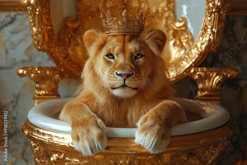 regal lion perched on ornate golden toilet whimsical bathroom setting humorous expression crown askew satirical animal portrait