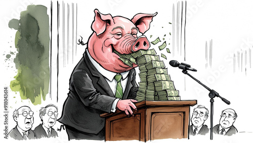 Pig Headed Politician eating money