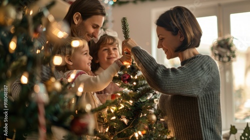 A cozy image of families decorating the Christmas tree with garlands and tinsel, getting into the festive spirit and traditions.