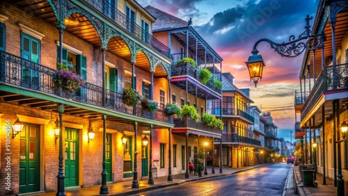 Vibrant colorful historic architecture lines Bourbon Street at dusk in New Orleans' French Quarter, adorned with ornate ironwork, balconies, and lively lanterns.