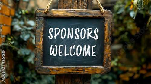 Sponsors welcome message written on a blackboard. Conceptual sponsors welcome symbol. Copy space.