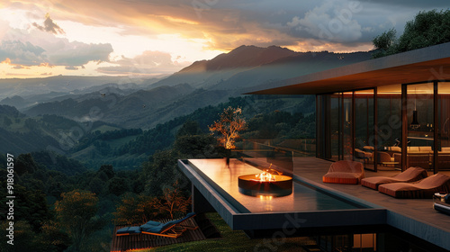 The image features a luxurious hilltop villa with an open terrace and fire table, highlighting the golden sunset over lush hills