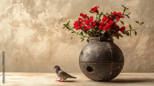 Disarmament. Grenade Transformed into Symbol of Peace with Unexploded Bomb and Flowers