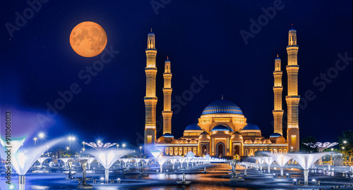 Nur Sultan, beautiful landscape muslim Grand white mosque evening light, Astana Kazakhstan