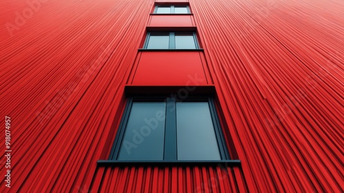 A striking facade of a modern red building, featuring vertically aligned windows and textured walls, showcasing contemporary architectural design and urban aesthetics.