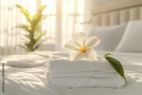 White Flower and Green Leaf on Folded Towels