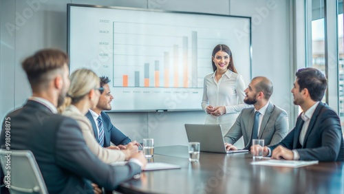 A group of professionals in a meeting discussing growth strategies with financial projections displayed on a screen. 