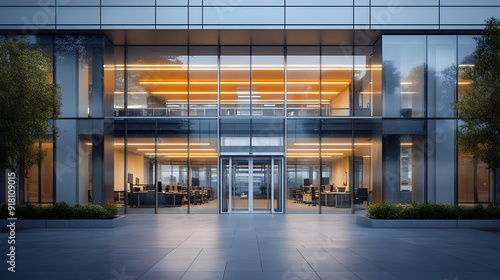 Modern office building entrance at dusk.