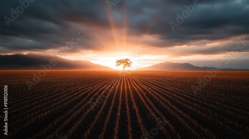 A solitary tree is illuminated by the golden rays of the setting sun as it stands amidst perfectly cultivated rows of farmland, symbolizing resilience and solitude.