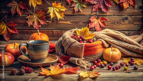 Cozy autumn still life featuring richly colored fallen leaves, warm-toned scarves, and rustic wooden accents, evoking a sense of crisp seasonal change.