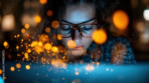 A person is captured in blurred focus against a background of glowing city lights. The image elicits an abstract, almost dream-like feeling merging modernity with anonymity.