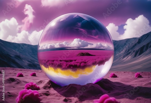 A large, transparent glass sphere floating in a surreal