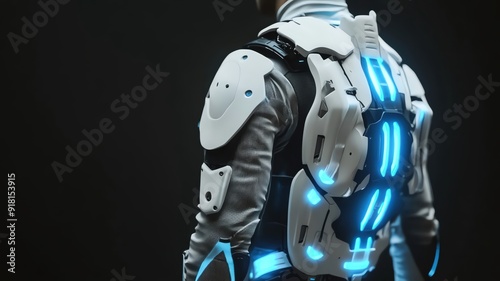 An advanced exoskeleton suit designed for rehabilitation, seamlessly merging with the human body, futuristic design with glowing blue accents