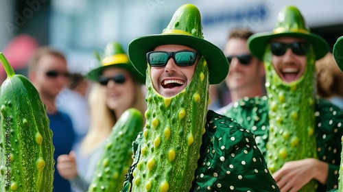 A pickle-themed costume contest at a festival, with participants dressed as pickles and judges awarding prizes 