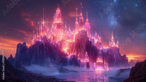 A whimsical illustration of a fairy-tale crystal castle