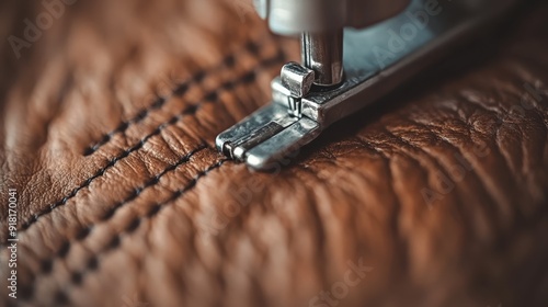 A detailed close-up of a sewing machine needle stitching a piece of brown leather, evoking craftsmanship and the art of leatherworking in high quality resolution.