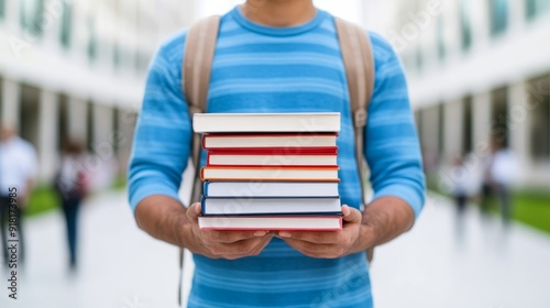 Closeup of a student holding a stack of textbooks and notebooks, with a bustling campus background, isolated on a white background 