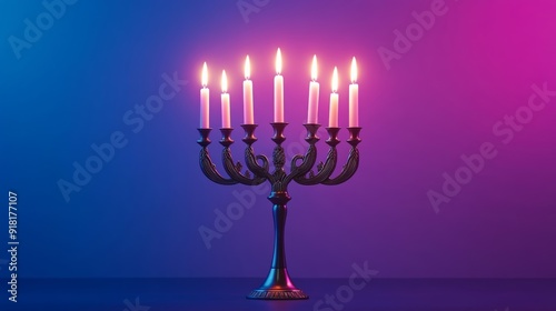 Elegant menorah with intricate engravings, candles lit, placed against a gradient background shifting from navy blue to lavender, warm and peaceful glow 