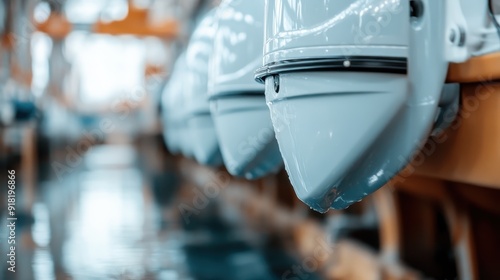 Image shows multiple outboard motors aligned in a row, shining above a reflective water surface, giving a sense of precision and cleanliness ideal for marine enthusiasts.